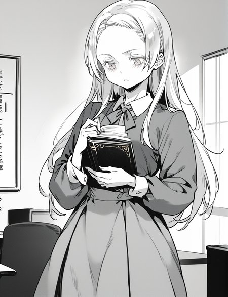 score_9, score_8_up, score_7_up, score_6_up, <lora:Jairou_Style:1.2>((yoshizaki_alice)) , teacher uniform, standing, reading book, long hair, white hair, monochrome