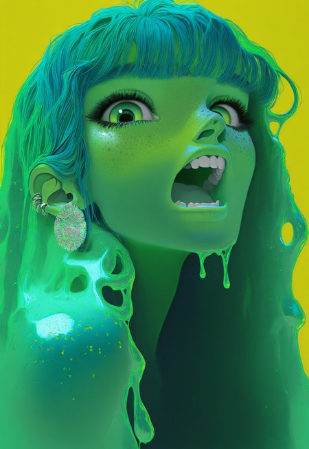 masterpiece, very aesthetic, absurdres, Chr0m1um Style, 1girl, jewelry, green eyes, earrings, blue hair, solo, looking at viewer, long hair, simple background, portrait, freckles, teeth, yellow background, open mouth, slime, green theme, holographic, embossed, chromium, glitter