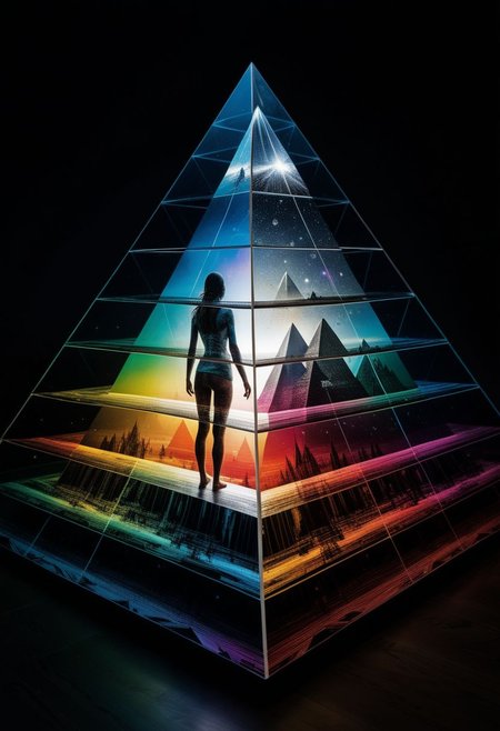 Close-up, album cover, mysterious silhouette woman, (light ray shining on pyramid prism splitting in rainbow colours, dark side of the moon), goddess, alluring, by Minjae Lee, Carne Griffiths, Emily Kell, Steve McCurry, Geoffroy Thoorens, Aaron Horkey, Jordan Grimmer, Greg Rutkowski, amazing depth, double exposure, surreal, geometric patterns, intricately detailed, bokeh,  perfect balanced, deep fine borders, artistic photorealism , smooth,  great masterwork by head of prompt engineering   <lora:add-detail-xl:2>  <lora:Double_Exposure:0.5>