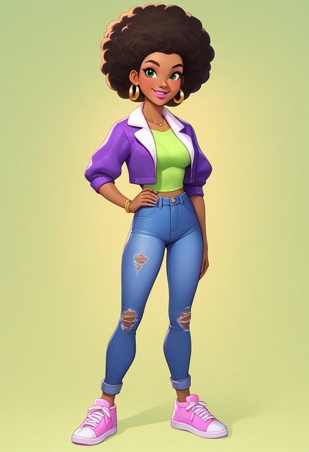 score_9, score_8_up, score_7_up, mercasg, BREAK 1girl, woman, young, solo, smile, medium breasts, thin, light green eye shadow, pink lips, dark green eyes, fluffy thick hair, Afro hairstyle, dark brown hair, gold earrings rings on the left ear, (light green bandage around the neck), purple cropped jacket with white lapel, rolled sleeves to the elbows, ((light green T-shirt)), dark purple cropped jeans with a torn bottom, pink sneakers with yellow stripes and white laces, BREAK right hand on hip, left hand down, standing, full body, semi-sideways, half-sideways, BREAK green blurred background