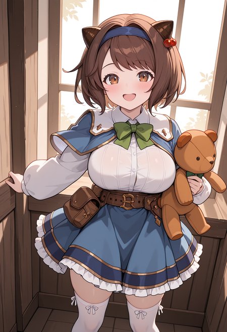 highres, best quality, masterpiece, indoors,
1girl, solo, gbfyaia, brown hair, short hair, hairband, draph, brown eyes, large breasts,
yaiadef, blue hairband, hair bobbles, blue capelet, white shirt, white sleeves, long sleeves, green bowtie, belt, pouch, blue skirt, white thighhighs,
looking at viewer, blush, smile, open mouth, 
holding teddy bear, standing, legs apart,
<lora:_yaia_gbf-elesico-ilxl:1>