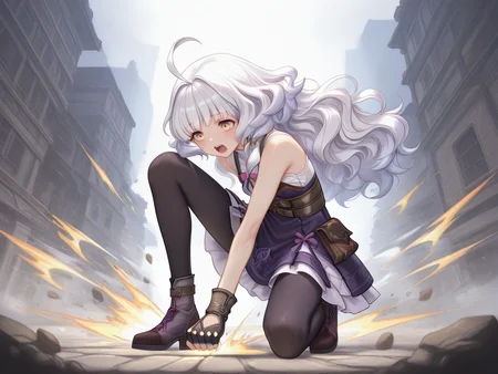 <lora:Power_Gazer_Pose - v10.TA_trained:1>,Power_Gazer_Pose,<lora:IL_Rowan:1>,mb_rw,Rowan/(mabinogi/),ahoge,white hair,long hair,yellow eyes,blunt bangs,wavy hair,goth_fashion,dark purple dress,white blouse,sleeveless,leather corset,pantyhose,fingerless gloves,ankle boots,waist pouch,shouting,, masterpiece,best quality,amazing quality,ultra detailed, very aesthetic,absurdres,skinny,general,highres, ultra-detailed, amazing quality, newest, scenery,beautiful detailed hair, beautiful detailed eyes, beautiful detailed face, dynamic lighting, super detailed skin,sharp focus, uncensored,