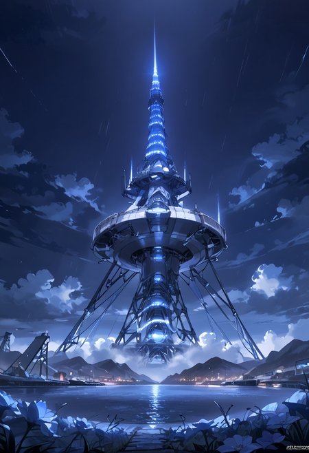 xartretrodeco, transmission tower, no humans, flower, scenery, sky, cloud, night, glowing, no humans, flower, scenery, sky, cloud, night, glowing, blue theme, outdoors, vehicle focus, night sky, blue flower, science fiction, rain, artistic, score_9, no humans, flower, scenery, sky, cloud, night, glowing, blue theme, outdoors, vehicle focus, night sky, blue flower, science fiction, rain, star (sky), cloudy sky, border, artist name, motor vehicle, signature  <lora:xartretrodeco:0.47> <lora:xartretrodeco_r1:1.4>  <lora:marinella-anime-000012:-0.54>