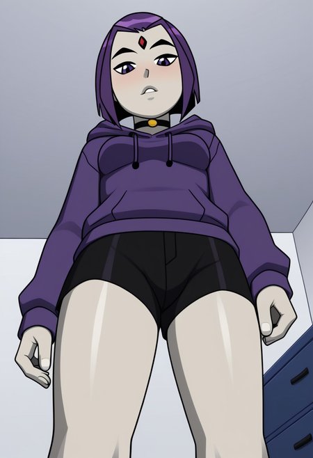 chrav, 1girl, solo, medium breast, purple hoodie, choker, black short shorts, from below, bedroom, indoors,