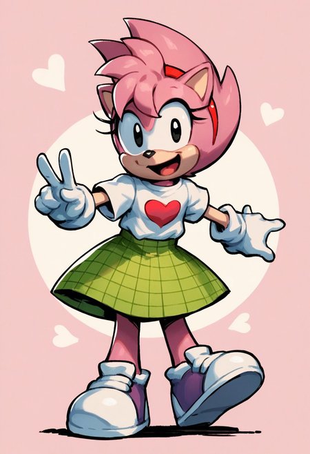 score_9, score_8_up, score_8, 1girl, solo, fleetwayamy, amy rose, spiked hair, pink fur, black eyes, furry, looking at viewer, gesture, dynamic pose, full body, smile, open mouth, jump, shoes, plaid skirt, white shirt, heart logo, abstract background, gloves, source_comic,