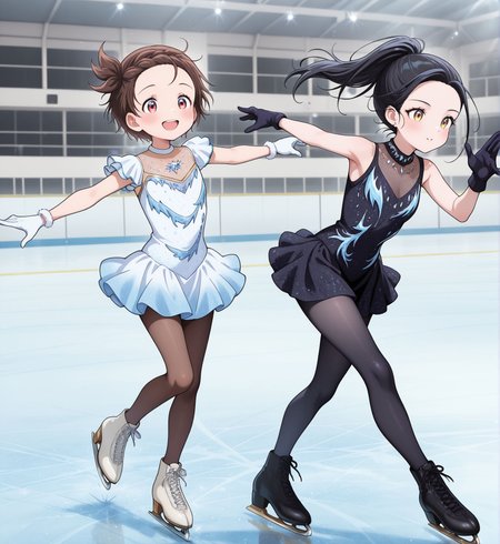 masterpiece,best quality,amazing quality,very aesthetic,absurdres,newest, huge filesize,
<lora:spo_sdxl_10ep_4k-data_lora_webui:0.5>,
<lora:add-detail-xl:1>
2girls,ice skating,
BREAK
2girls,ice skating,
<lora:MedalistV1:1>MedalistV1,
m_inori,
1girl,
dress,  brown hair, 
 pantyhose,
ice skates,
Ice skating rink,
BREAK
2girls,ice skating,
black hair,Golden Yellow eyes, 
gloves,
ice skates,ponytail,