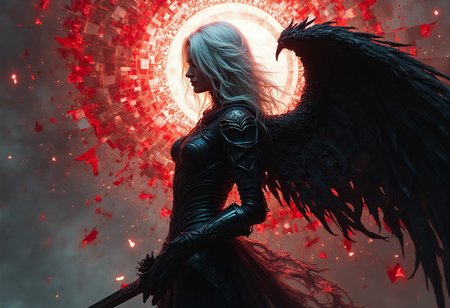 The focus is close up on a female silver haired demon hunter whose armor is partially fractured and shattered like it was glass. The backdrop is a swirling concaphony of crimson and black, separated by streaks of pure white. The backdrop is centered behind the subject. The colors are separated by metallic fractures, creating a glowing mosaic effect. The colors of the backdrop are most intense near the center. The backdrop is partially shattered like glass. The subject itself is a stark and gloomy silhouette, contrasting beautifully against the vibrant, light-filled fragments surrounding it. The hunter has black angelic wings attached at the hip, but they are not the focus. Emphasis is placed on the hunter and the backdrop. The hunter is armed and about to fight.