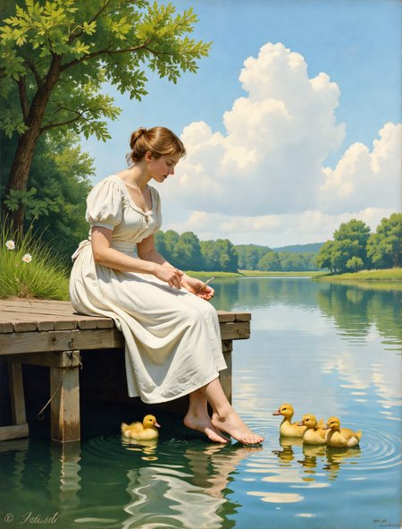 A low quality water-color painting of a woman sitting on a dock at the edge of a small pond. dangling her feet in the water. sunshine. puffy clouds. ducks in the water. baby ducks. feeding the ducks. light brown hair. sundress. 19th century style.
