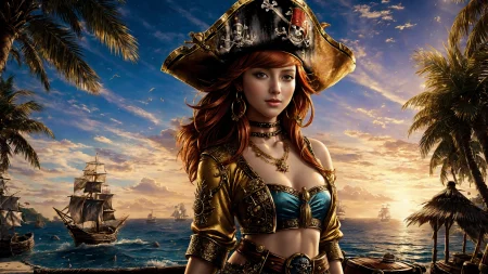 (young redhead pirate woman), (portrait), (parrot:1.2), sharp focus, (ultradetailed), (standing), (happy) smile, pirate (ship galleon:1.2,  hoop earrings, gold medallion, Pastel Orangepirate clothes, pirate hat, hips,   pirate (village), leafy beach coast, (treasure chest with coins, gems and jewels:1.2), (rum barrel), best quality masterpiece,  bright sunny sky, backlight, natural lights, high contrast, hdr, shadows, pretty, beautiful, feminine, sexy, adorable, lovely, in love, (PirateDiffusionprt:0.5),  <lora:Pirate:0.3>  PrateT  <lora:PirateRealms:0.3> <lora:Detail Tweaker LoRA add_detail:0.8> <lora:depth_of_field_slider_v1:5> <lora:SDXLrender_v2.0:0.9>
