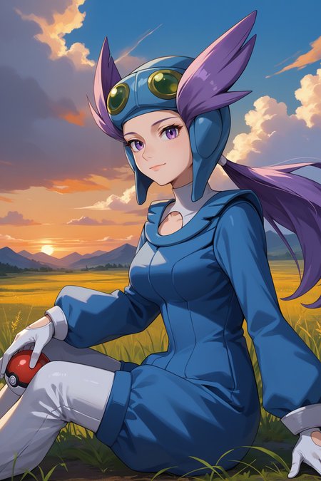 score_9, score_8_up, score_7_up, score_6_up, source_anime, 1girl, solo,  <lora:pkmnwinona-pdxl-nvwls-v1-000006:1> pmWna, purple hair, purple eyes, low ponytail, long hair, goggles on head, blue helmet, blue jumpsuit, long sleeves, clothing cutout, white pants, white gloves, large breasts, sunset, clouds, looking at you, light smile, closed mouth, mountains, field, sitting, on ground, from side, holding poke ball