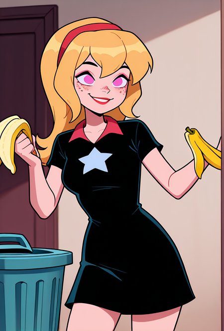 ((cartoon, screencap)), <lora:lucybig:1>, solo, lucybig, long hair, blonde hair, red hairband, pink eyes, lipstick, smile, short sleeves, star (symbol), short dress, black dress, freckles, dynamic pose, holding banana peel, hiding behind trash can,  prank,, masterpiece, best quality, amazing quality, very aesthetic, absurdres, newest,