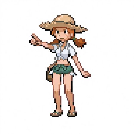 1girl, 
orange hair, twintails, freckles, straw hat, tied shirt, pointing