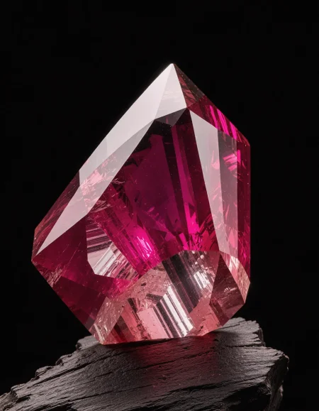 This photograph showcases a striking, vividly colored gemstone, likely a rhodochrosite, against a dark, almost black background that enhances its luminous quality. The gemstone is roughly triangular in shape and has a faceted, crystalline structure that reflects light, giving it a sparkling appearance. The primary color of the gemstone is a deep, rich magenta, with a gradient effect that transitions to a more transparent, glassy pink at its edges. The surface of the gemstone is smooth but also exhibits natural inclusions and imperfections that add to its authenticity and uniqueness.  The gemstone is perched atop a piece of dark, weathered wood, which provides a rustic, contrasting base that adds depth to the image. The lighting is carefully managed to create a dramatic effect; the upper part of the gemstone is brightly illuminated, while the lower part is more shadowed, which accentuates its three-dimensional form and the play of light on its facets. The overall composition is minimalistic, focusing solely on the gemstone, and the use of low-key lighting emphasizes its vibrant color and intricate details.    no_humans, glowing, gem, crystal, rock, dark, dark_background