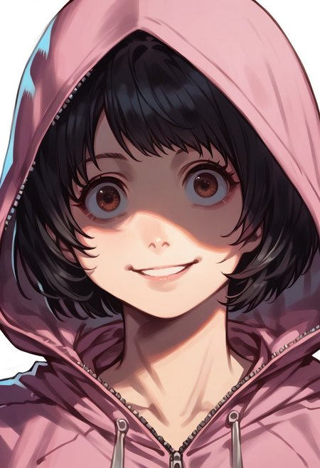 score_9, score_8_up, score_7_up, HC, sabr1na2, rating_safe, 1girl, solo, detailed eyes, detailed face, open eyes, brown eyes, medium breasts, black hair, bob haircut, medium hair, thin, short pink hoodie with hood and zipper, smile, close up, close-up, closeup, portrait, standing, looking at viewer, simple background, white background, masterpiece, best quality