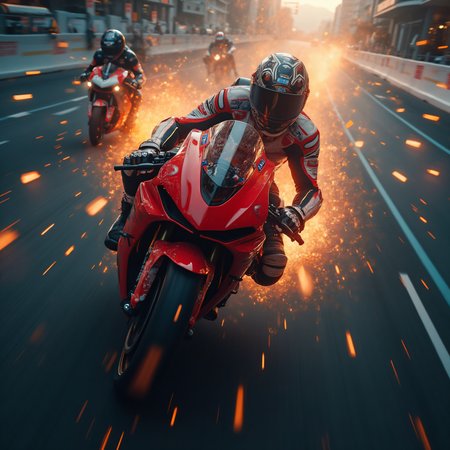 Close up, drone shot, MotoGP motorcycle Racing, high speed chase, Racing chase, dramatic action scene, red motorcycle, dynamic motion, top down view, racing track in the city center, adrenaline rush, intense atmosphere, Drift, spark, thrilling escape, cinematic action, stylish design, dangerous adventure, modern chase