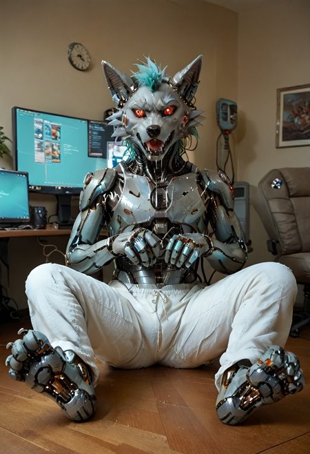 (((Barefoot furry character, full body, cinematic setting, furry male, plantigrade))), (((computer screens with green code, monitors with matrix code, displays with matrix design))), matrix.
(((Gilliam))), wolf boy, (((white pajama))), ((wired on his head, being hacked, being corrupted, being reprogrammed, brainwashed, hypnotised)), sitting, spread legs, m pose, footpose, nice metalic feet paws, ((nice robotic feet paws)),  three toes, claws, pawpad, (((restrained))), (((head tilted to the side, open mouth, dumb face, drooling)))
BREAK
(((gilliam wolf, evil eye, sharp, red fluff tail, cyan hair, robot, cybernetic wolf, metallic))), 
BREAK, intricate details, highly detailed, extreme detail, octane render, fine art, best quality, highres, (detailed face:1.5), ((full_body)), UHD, (((perfect hands))), low light