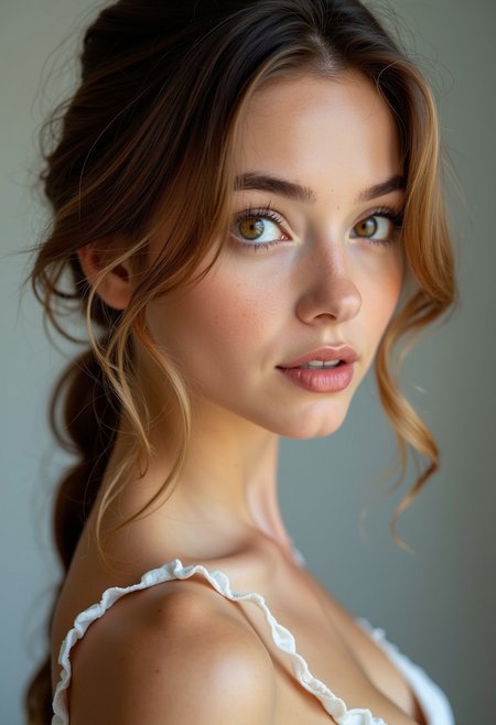 A stunning perfection style 18 year old girl with flawless model-like facial features, visible cleavage, flawless light pale skin, and unnaturally large and colorful eyes.  Side view. Cleavage focus.