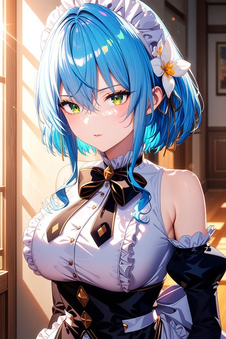 16k, 8k, 4k,
best quality, extremely detailed fine touch, hyper detailed, highly detailed, top quality, extreme quality, ultra details, absurdres, masterpiece,
amazing details, beautiful illustration, detailed face,
high resolution, highres,
digital painting, anime,
very aesthetic, natural light, sun light, light rays, dappled light, reflection, shadows, ray tracing, soft lighting,
bright colors, vivid colors, hdr, volumetric lighting,
 <lora:Villhaze(sdxl):0.8> Villhaze, 1girl, blue hair, green eyes, bangs, maid headdress, bare shoulders, hair between eyes, sidelocks, short hair, frills, detached sleeves, hair ornament, hair flower, large breasts, long sleeves, puffy sleeves, white apron, black bow, maid apron