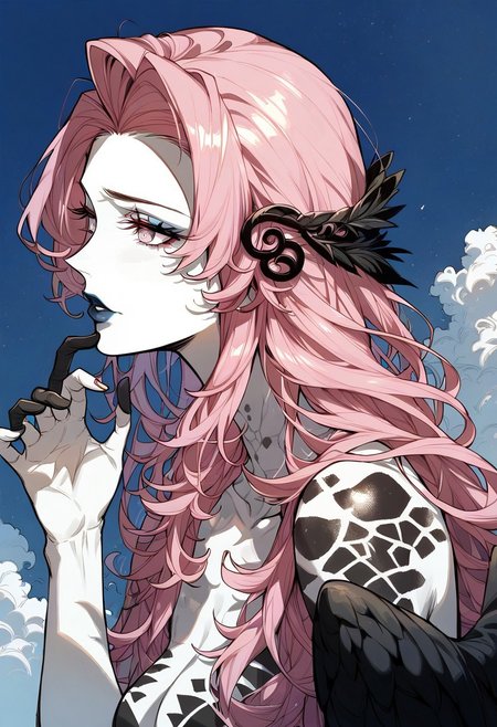1girl, full body lilithsmtvv, pink hair, long hair, hair ornament, pink eyes, colored skin, lipstick, makeup, black wings, full-body tattoo, yellow field, dark deep blue sky, evening. upper body shot, closeup, portrait, sky, clouds, blacklight, dappled light,dappled sunlight  <lora:sxz-Slavic-Fantasy-pdxl:0.75>, BREAK, score_8_up, score_7_up, Expressiveh