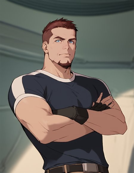 score_9, score_8_up, score_7_up, score_6_up, score_5_up,  <lora:Titan_AE_-_Joseph_Korso_-_Pony:0.8>, titan_korso, 1boy, mature male, brown hair, very short hair, crew cut, blue eyes,  goatee, spacecraft interior, black t-shirt, fingerless gloves, belt, brown pants, standing, upper body, crossed arms, looking at viewerâââ, cartoon