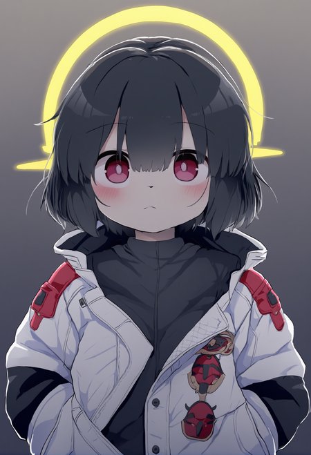 masterpiece, hyper detailed, best quality,(furry:1.3),1girl, solo, halo, black hair, jacket, closed mouth, grey background, simple background, long sleeves , upper body, short hair, looking at viewer  ,<lora:DAGASIXLlokr8f-000188:0.95>
