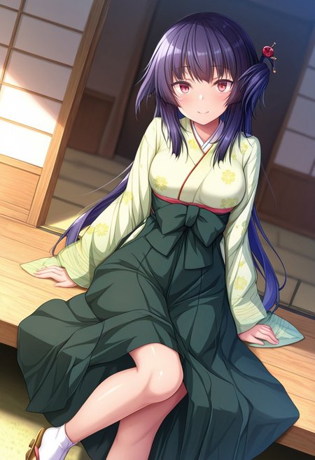 masterpiece, best quality, amazing quality, very aesthetic, high resolution, ultra-detailed, absurdres, newest, scenery,(depth of field:1.5),
(super fine illustration,professional quality,ultra high res), beautiful detailed eyes,
break
michiru_sawatari,
black hair, long hair, sidelocks, asymmetrical hair, one side up, red eyes,
hair stick,
michiru_kmn,
light green kimono,floral print kimono, long sleeves, wide sleeves,dark green hakama,
tabi, 
geta,
1girl, solo,
medium breasts, shiny skin, 
blush, smile,
look at Viewer,
(dutch angle:1.3), (feet out of frame:1.3),