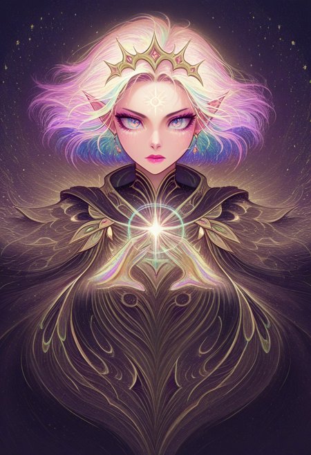 masterpiece, best quality, amazing quality, very aesthetic, absurd res, intricate details, 4k, semi realistic, cartoon, fantasy, energy around, aura, dynamic pose, fighting stance, beautiful woman, multicolored hair, rainbow colors, divine, score_9, score_8_up, ral-czmcrnbw, <lora:AMarvelRivals_style:1>, marvelrivals. Solara is a radiant and ethereal warrior with voluminous, fluffy hair that cascades in wild waves, blending seamlessly into a vibrant mix of colors—fiery orange, golden yellow, deep magenta, and streaks of electric blue, violet, and emerald green. Her hair seems to glow faintly, shifting hues depending on the light around her, embodying the full spectrum of the rainbow.
Her skin has a soft, warm yellow hue. Bright white markings swirl across her forehead, cheeks, and the bridge of her nose, forming intricate, almost celestial patterns that glow subtly when she calls upon her power. Her ears are long and pointed, resembling those of an elf, adding to her otherworldly presence.
Her lips are a strikingly bright color—either a bold fuchsia or a radiant gold—standing out against her sun-kissed skin. Her piercing blue eyes shimmer with inner brilliance, reflecting the vast spectrum of light she wields.
She wears sleek, form-fitting black armor with golden accents, exuding both elegance and strength. A flowing black cape billows behind her, its edges constantly shifting in prismatic hues, mirroring her light-wielding abilities.
Solara commands the full power of the rainbow. She is capable of creating dazzling constructs, weaving beams of multicolored energy, and bathing battlefields in mesmerizing, shifting light. Her very presence seems to bring warmth and illumination, as though she carries a piece of the sun wherever she walks.