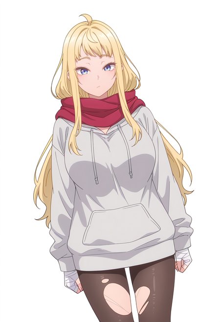 Smooth Quality,masterpiece,beautiful aesthetic, very intricate, high quality details, ultra realistic, high detailed skin,
simple background, white background,
dutch angle,inward v,:/,
torn pantyhose,  ,hoodie, ,Bandaged hand, <lora:Fuyuki_Minamicnn:0.8> minami/cnn, 1girl, long hair, blue eyes, large breasts, red scarf, ahoge,