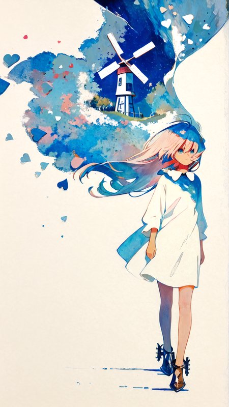 masterpiece, newest,absurdres,incredibly absurdres, best quality, amazing quality, very aesthetic, painterly, surreal, 
1girl, expressionless, blending, overexposure, dual persona, wind, windmill, heart collar, flattop, spurs, 
<lora:KonYa666:1> kony4666 <lora:ka_marukogedago:1> k4_illu, abstract, traditional media, scan, blending, painting \(medium\), oil painting \(medium\)