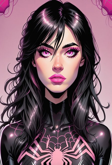 /Spider_Ayane/, pink lipstick, long black hair, (pink hair highlights:0.2), medium breasts, portrait, black bodysuit with pink spider print, looking at viewer, puty lips, pink eyes
