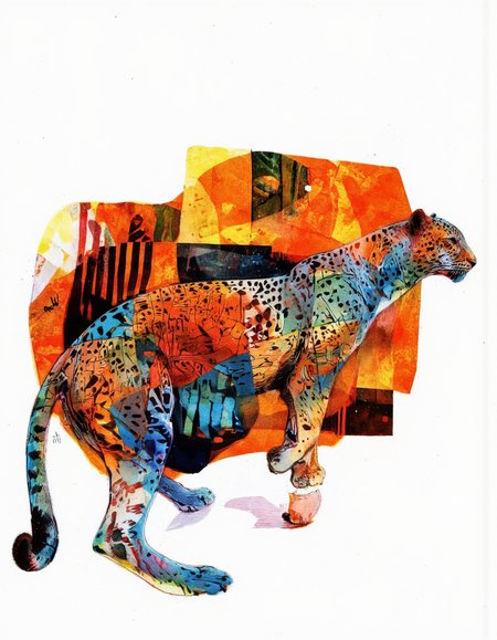 Art by Eli Minaya. A digital illustration shoot from a profile camera angle about a stylized, abstract illustration of a leopard with geometric patterns and vibrant colors. the image also shows a white background. on the middle of the image, a colorful, stylized leopard with a long tail is depicted. the cat is standing on all fours, with its body facing towards the right side of the frame. it has a geometric pattern on its back and is colored in shades of blue, green, and orange. the background is composed of various geometric shapes and colors, including orange, yellow, red, and black, creating a vibrant and abstract composition. the overall style is reminiscent of modern art, with a mix of geometric and abstract elements.