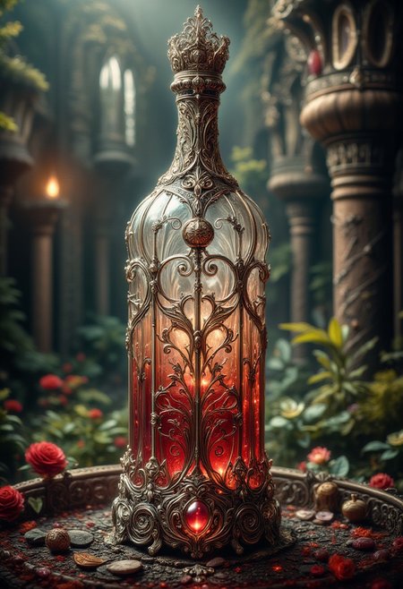 hyperdetailed ultra-detailed realistic, detailmaximizer, 
extremely detailed best quality, reality-shot, realism, realistic photography of a an elaborate medieval crystal and silver wine bottle, with very small medieval ornaments, in many different vibrant colors. 
The crystal medieval wine bottle is placed on a pedestal in the middle of a medieval garden, intricate details, ultra sharp, exquisite detail, flawless composition, vivid colors, masterpiece, exciting background. , High Definition HD, High Detail, Perfect Composition, dark fantasy movie, cowboy shot, bokehmachine, bokeh