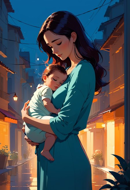 Mother cradling a baby,  art by Pascal Campion,  art by Atey Ghailan,  art by Joelle Jones style