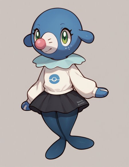 score_9, score_8_up, score_7_up, score_6_up, score_5_up, score_4_up, 1girl, full body, solo, 
college pullover sweatshirt,, black skirt, pantyhose, blue pantyhose,
freckles, <lora:Popplio_v0-4-lora:0.8> popplio, blue fur, white snout, pink nose, droopy ears, whisker markings, blue collar, frilled collar, pokemon \(creature\), (seal \(animal\):1.2), green eyes, eyelashes, pinniped, flippers,