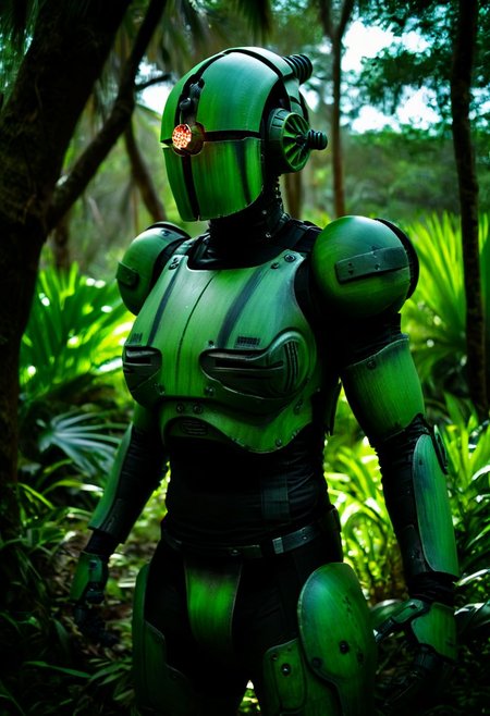 easynegative, extremely detailed, dark, chiaroscuro, low-key, AssaultronCosplay, zavy-strps, a green assaultron robot, the assaultron has black stripes painted on its armor, tiger stripes, in the jungles of vietnam