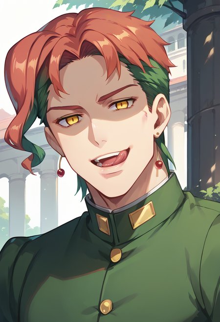 score_9, score_8_up, score_7_up, source_anime, rating_explicit, (very aesthetic), perfect anatomy, perfect human legs, prefect hands, masterpiece, perfect anatomy, ultra detailed, detailed face, detailed background,
<lora:1Hoseki_JoJosBizarreAdventure_KakyoinNoriaki_PDXL_v1:1> 1boy, kkn, yellow eyes, short hair, cherry earrings, green gakuran, buttons, long sleeves, green pants, brown footwear, <lora:Jojo:0.3>
<lora:tongue licking_pony_V1.1:1>  tongue licking,lips,teeth,open mouth,evil smile,licking lips
portrait, close up, halfbody,
outdoors, park, highres, absurdres,
shiny skin, empty eyes, half-closed eyes, tareme, no pupils, looking up, (shaded face:1.4), (shadow face:1.4), (wince, frown, furrowed brow),