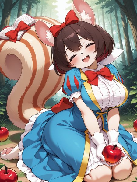 fairy tail - snow,1girl,apple,solo,squirrel girl,smile,red bow,full body,blush,blue frilled dress,holding apple,looking at viewer,large breasts,tail ornament,white paw gloves,white paw socks,animal nose,body fur:1.2,forest,head tilt, closed eyes, open mouth, 
masterpiece,best quality,amazing quality,very aesthetic,absurdres,newest,<lora:Fairy Tail snow illuXL v1.1:0.7>,