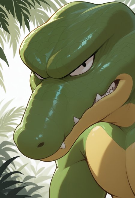 masterpiece,best quality, amazing quality, 1boy, solo, kr1tt3r, gator boy, black eyes, green skin, scales, close up, side angle, angry, frustrated, jungle, 