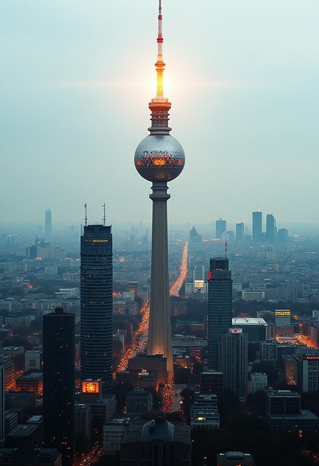 Beauty, realism, cinematography, chiaroscuro, rays of light, play of shadow and light, cinematic quality, Cinematic style. 
a double exposure image that combines the cityscape of berlin with a close-up of the berlin television tower (fernsehturm berlin), creating a dramatic and artistic effect where the two elements merge seamlessly, The image captures the haunting beauty of a cityscape merging with the detailed features in the berlin television tower,