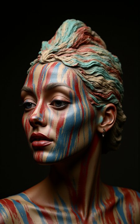 ceramic woman  sculpture with ceramic glazed shinty stripy skin,fashion photography,surrealistic look,tribe looking,red and blue skin,caucasian features,skinhead,beautiful and strange,otherworldly,high end fashion,iphone picture,dark vibrant background,<lora:detailed photorealism style v3:1>,<lora:flux_realism_lora:1>,<lora:Tangbohu_real_style_FLUX_type_A:1>,<lora:hyper-detail-illustration:1>,