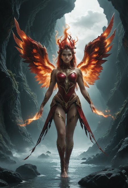 flame wings with white smoke masterpiece, best quality, absurdres, detailed, Jd-dfg style, Jeddbleil, amber flame double exposure,
1girl, solo, red elemental-spirit girl, 
<lora:reij-detaILerV2:0.8>, <lora:Dark_Fantasy_Glow:0.5>, <lora:DoubleExposureIL:0.8>