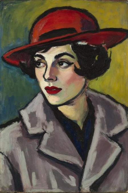 henrylymansayen1 painting.
keesvandongen1. A woman with a red hat, shown in side profile view. She is turning her head sideways to glance toward the left. She has red lips and large, expressive, black-lined eyes. She has a petite round face, and is wearing a grey fur coat.  <lora:henrylymansayen1_cap_d6a3:1.0><lora:861469581129049094:0>