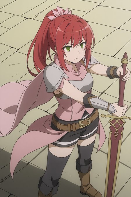 score_9, anime coloring,  Alise Lovell, shoulder armor, belt, black shorts, black thighhighs, holding sword, knee boots, waist cape, long hair, vambraces  <lora:<lora:Danmachi-Alise_Lovell-PDXL:0.8>:0.9>