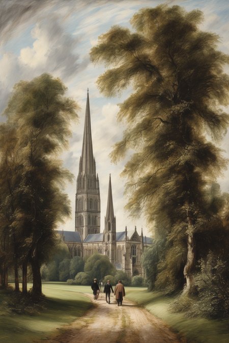 John Constable Style - a picture in the style of john constable of a salisbury cathedral in the distance with trees in the foreground. there shoud two people walking down a path on the left