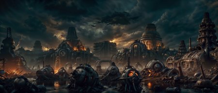 an android, apocalyptic photograph, nuclear apocalypse, fallen kingdom, destroyed playgrounds, chernobyl, <lora:mshn:0.8> wasteland, machinery buildings, ramayana warfare, <lora:Thai_temple:0.2> destroyed borobudur temple, heavenly aura, <lora:XSArchi_127:0.4> scenery, boats, water reflections, <lora:CosmicLandscapes:0.2> cosmiclandscapes, river, sun, forest, <lora:to8contrast-1-5:0.8> dark shot, gloomy, to8contrast, horror, fallout