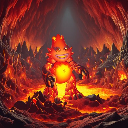 Amber on the background,Latex,KaynaMSM, fire-themed, glowing molten belly, rocky cracked outer skin, light yellow sclera, colored sclera, dark orange eyes, light purple eyelashes, light purple lips, big lips, orange tongue, colored tongue, no humans, pokemon (creature), smiling,beautiful,high-quality,solo,1female,lava,cave,