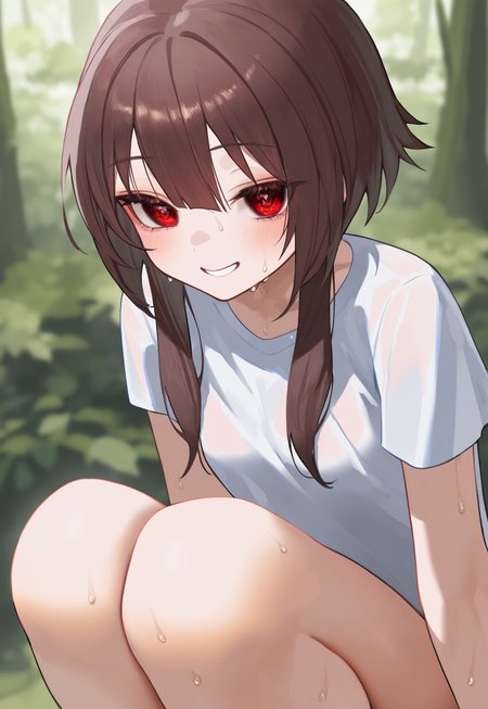 safe_pos, masterpiece, best quality, very aesthetic, high resolution, ultra-detailed, absurdres, newest, extremely detailed eyes, NEWTRVL_ST, solo, 1 girl:1.5), (detailed face, detailed eyes, detailed skin:1.1), (megumin:1.1), brown hair, red eyes, hairs between eyes, small breasts, (short hair), short hair with long locks, (short sleeves:1.5), smile,background forest, lush forest, thighs, sweaty