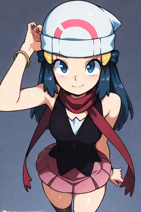 masterpiece, best quality, 1girl, solo, beautiful eyes, zzDawn, blue hair, blue eyes, sidelocks, long hair, bare shoulders, beanie, black shirt, black socks, bracelet, hat, jewelry, kneehighs, miniskirt, pink skirt, red scarf, scarf, shirt, skirt, sleeveless, sleeveless shirt, white headwear,  <lora:DawnPokemonIXL_e07:1.0> <lora:TobiaswhellerIXL:1.0>, from above, dynamic pose, cowboy shot, smile, looking at viewer, shiny skin,