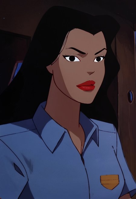 score_9, score_8_up, score_7_up, 1girl, solo, lipstick, black hair, black eyes, breast, blue shirt, short sleeves, dark skin, GinaSA, close-up, looking at viewer