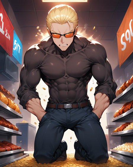 score_9, score_8_up, score_7_up, score_6_up, source_anime, rating_explicit, ah1, best quality, (masterpiece:1.4), (high quality:1.4), sharp focus, 4k, absurd resolution, <lora:albertwesker-guy-PONYv1:0.8> albertwesker, albert wesker, 1boy, solo, blonde, black gloves, sunglasses, belt, pants, black coat, black pants, looking at viewer, toned, athletic, fit, slicked back hair, black turtleneck, zipper, mature male, (graphene textured clothes), black boots, (Hands In Pockets), (Concession Stand, Aromatic smells of grilled meat and popcorn wafting through the air, colorful banners advertising snacks, a line of eager patrons, clinking of coins as transactions are made, and the sound of sizzling from the grill), bad-hands-5, ((Frustrated expression)), <lora:xl_more_art-full_v1:0.4>, <lora:shinyskin2:0.3> glistening skin, <lora:aesthetic_anime_v1s:0.4>, <lora:Expressive_H:0.4> Expressiveh, <lora:hairdetailpxl:0.4> hairdetailpxl, <lora:EpicF4nta5yXL:0.4>, <lora:detailxl:0.4> detailxl, <lora:Fant5yP0ny:0.4> (Eye-level angle view medium Close shot (focus on knees)), (denim bermuda shorts), (focused, intense glare), slit pupils, short hair, (reddish orange eyes),